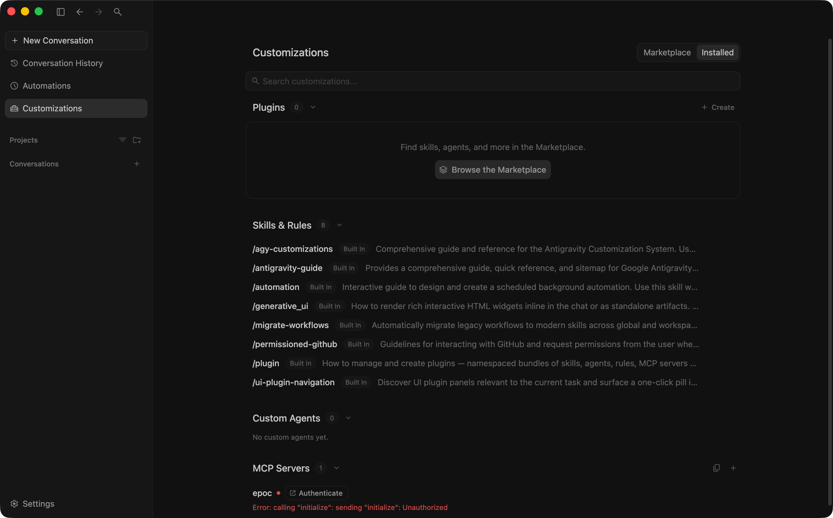 Antigravity's Customizations, Installed tab, with epoc under MCP Servers, an Authenticate button and an Unauthorized error.