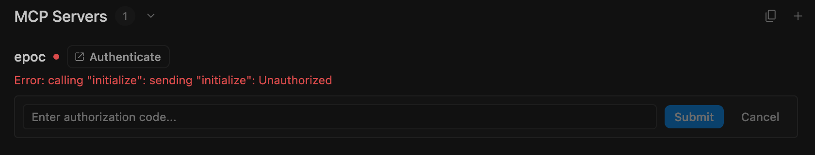 Antigravity's MCP Servers list, with an Enter authorization code field under epoc and a Submit button.
