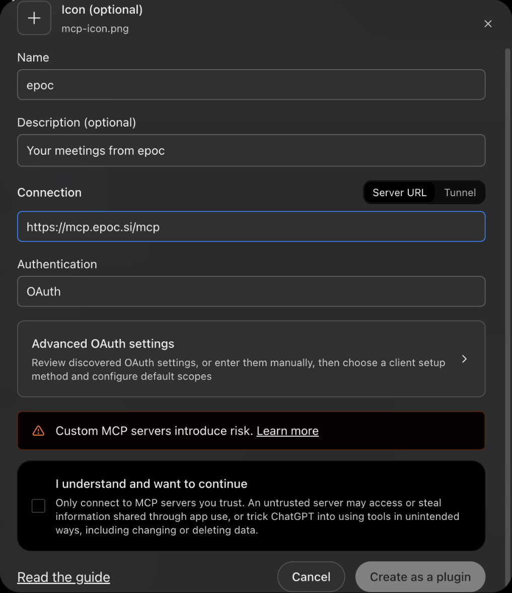 ChatGPT's Add custom MCP server form, with the name epoc, the address https://mcp.epoc.si/mcp and OAuth.