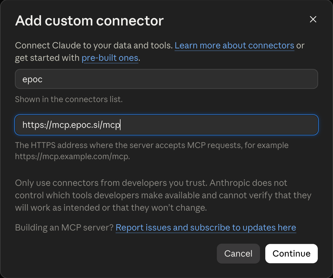 Claude's Add custom connector dialog, with the name epoc and the address https://mcp.epoc.si/mcp.