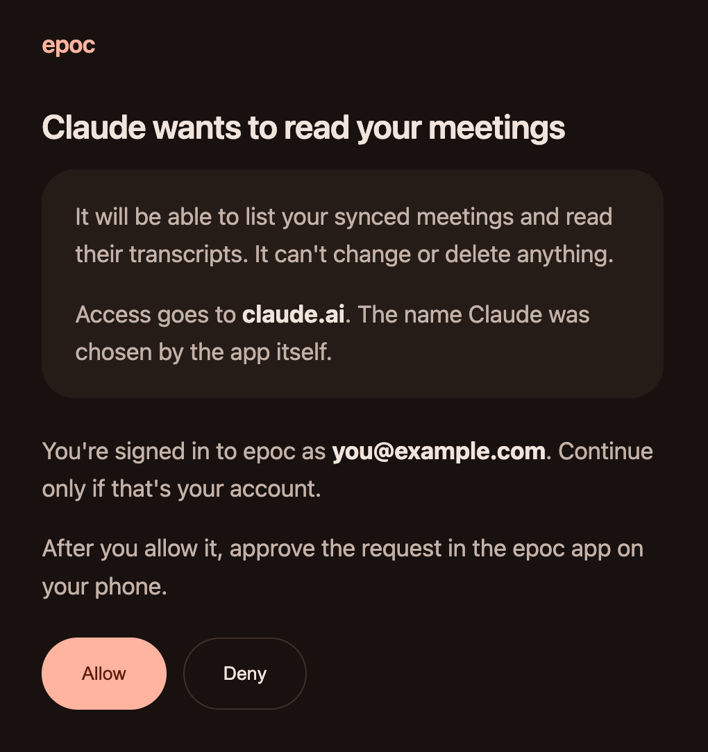 epoc's page saying Claude wants to read your meetings, with Allow and Deny.