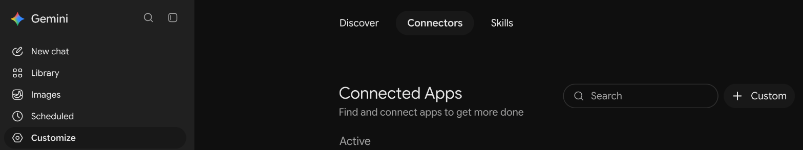 Gemini's Connectors page, with Customize chosen in the sidebar and the Custom button.