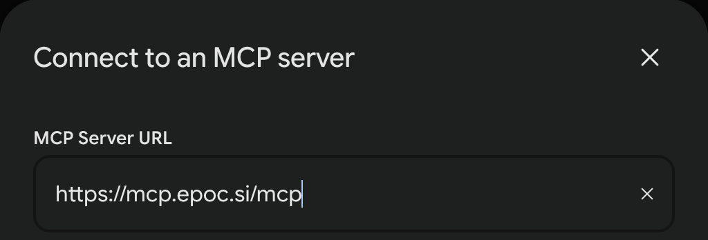 Gemini's Connect to an MCP server dialog, with the address https://mcp.epoc.si/mcp.