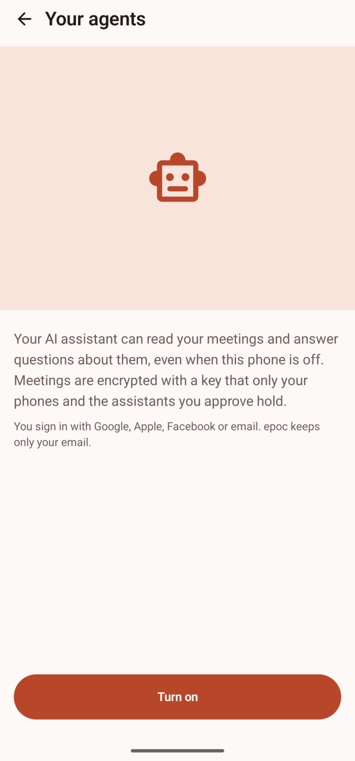 epoc's Your agents screen on a phone, with the Turn on button.
